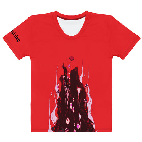 Women's crew neck sublimation t-shirt featuring dark wolf artwork on vibrant red background.