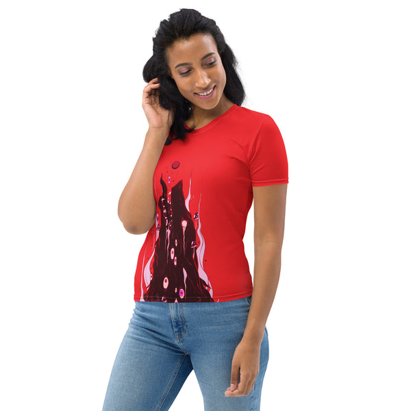 Women's crew neck t-shirt with dark wolf artwork in vibrant red, showcasing sublimation printing and comfortable fit.