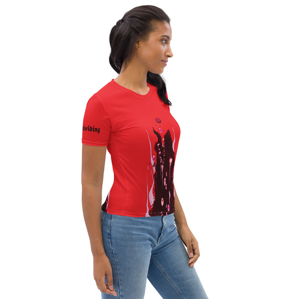 Woman wearing a red crew neck sublimation t-shirt with bold graphic design featuring dark wolf artwork.