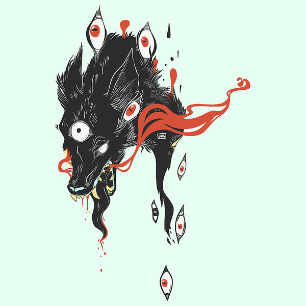 Wolf art print illustration featuring a black wolf with multiple eyes and flowing red accents, printed on durable paper.