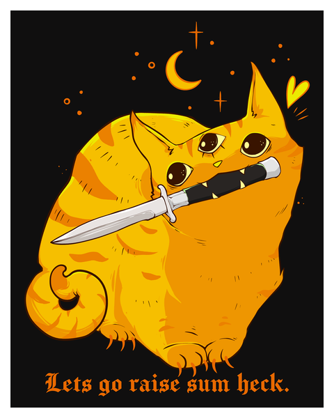 Mean Cats, Set Of 2 Art Prints featuring a quirky cat with a sword and humorous text.