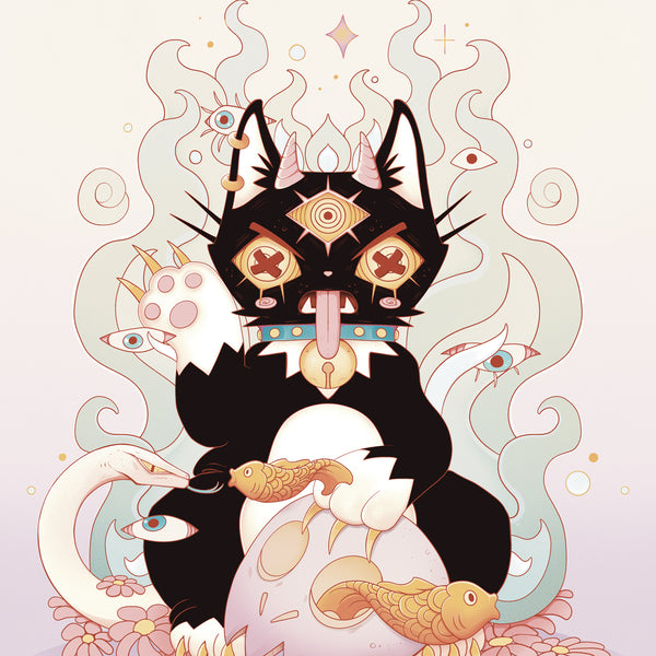 A stylized digital illustration of a black cat with gold and white decorative details, surrounded by abstract swirling shapes, eyes, and gold fish on a pale pink background.