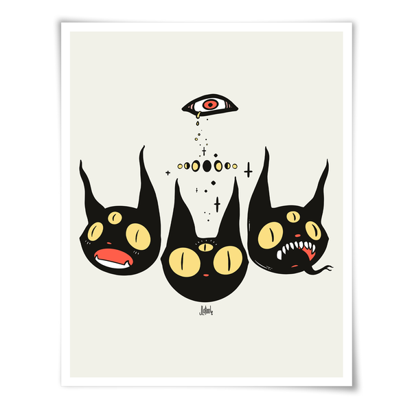 A minimalist art print featuring three stylized black cat heads with yellow eyes and red accents, plus a small eye floating above them, shown on a light beige background with a white border.