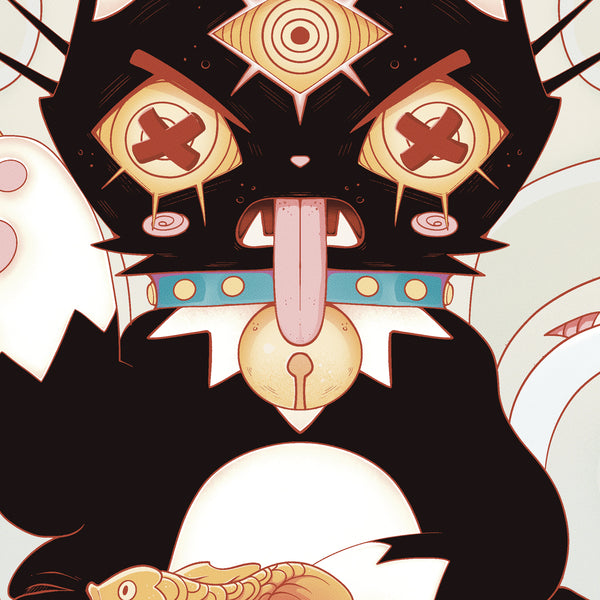 A stylized illustrated black cat face with gold and beige decorative elements, red eyes with X-shaped pupils, a pink tongue sticking out, and a blue collar, shown on a light cream background.