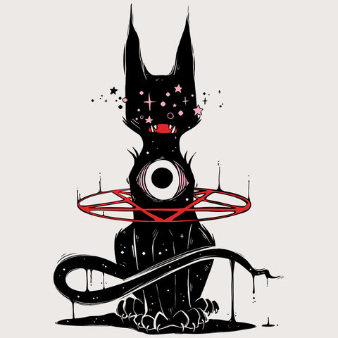 creepy cute art of a black cat with a pentagram