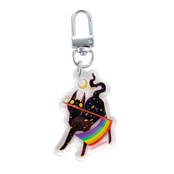 Pride Cat, Keychain featuring a black cat holding a rainbow flag, double-sided design in clear acrylic.