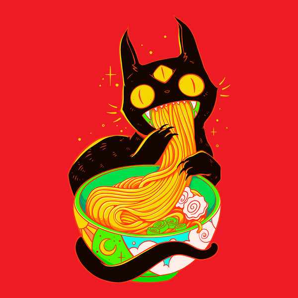 Cute black cat illustration enjoying ramen noodles on a vibrant red background, perfect for art lovers.