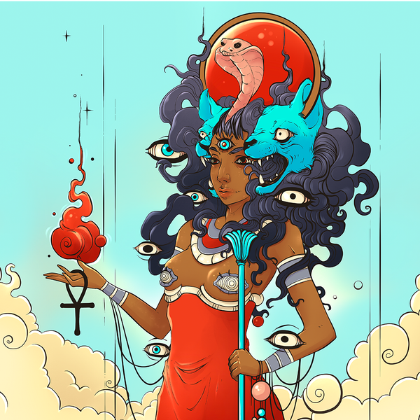 Bold illustration of a goddess with multiple eyes, serpent, and blue wolf elements, depicting mystical powers and symbolism.