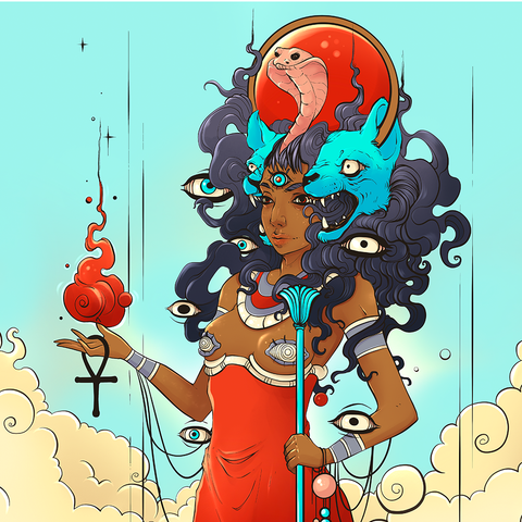 Bold illustration of a goddess with multiple eyes, serpent, and blue wolf elements, depicting mystical powers and symbolism.