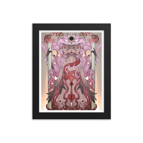 Framed art print of Hecate, Greek goddess, featuring a pink and red illustration with gothic and witchy elements, set in a black frame.