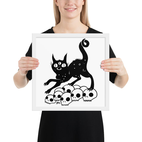 Cat On Skulls, Framed Art Print