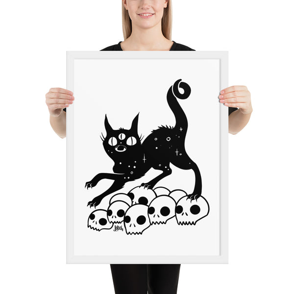 Cat On Skulls, Framed Art Print