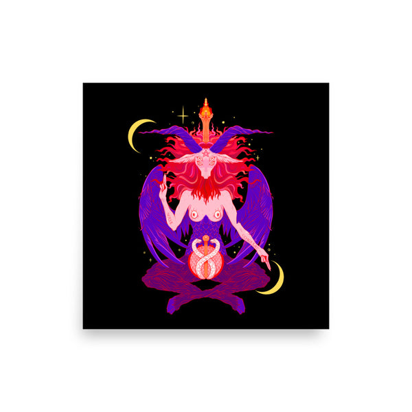 Baphomet 2, Matte Art Print Poster featuring an elaborate illustration of Baphomet with vibrant colors.