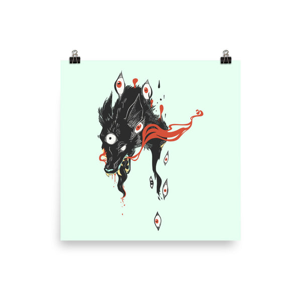 Matte art print of a wolf illustration with eyes and vibrant colors, museum-quality poster on archival paper.