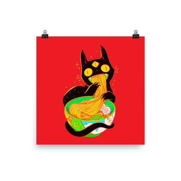 Cute black cat illustration eating ramen noodles on vibrant red background, perfect for art print lovers.
