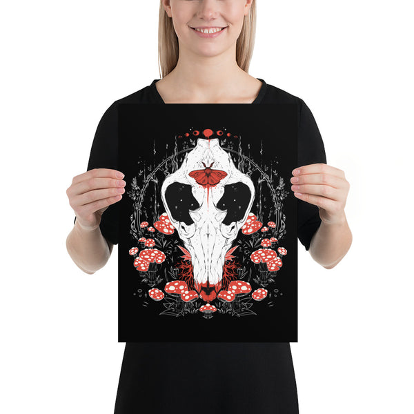 Wolf Skull And Mushrooms Art Print, Goth Wall Art