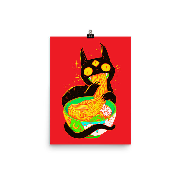 Cute black cat enjoying ramen noodles in colorful art print with a red background.