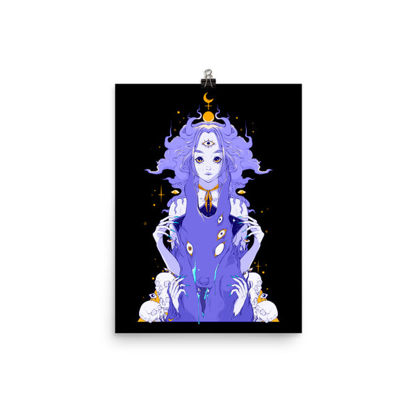 Witchy Wolf,  Matte Art Print Poster featuring a mystical character with purple hair and cosmic elements.