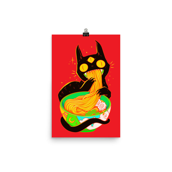 Black cat illustration enjoying ramen noodles on a vibrant red background, museum-quality art print.