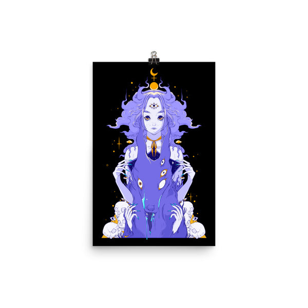 Witchy Wolf,  Matte Art Print Poster featuring a mystical creature with purple hair and symbolic eyes.