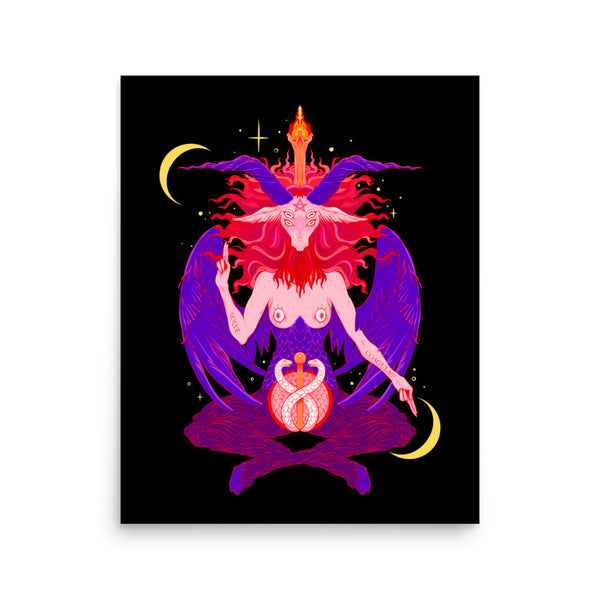 Baphomet 2, Matte Art Print Poster featuring a vibrant illustration of Baphomet in a mystical setting.