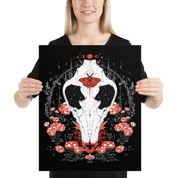 Wolf Skull And Mushrooms Art Print, Goth Wall Art