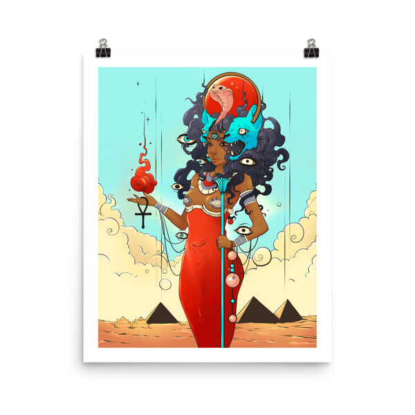 Matte art print of Sekhmet, Egyptian goddess, featuring vibrant colors and symbols against a desert backdrop.