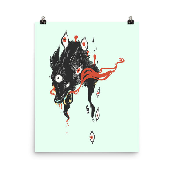 Wolf & Eyes matte art print poster featuring an original wolf illustration with multiple eyes and vibrant colors.