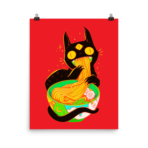 Cute black cat enjoying ramen noodles in colorful art print on a vibrant red background.