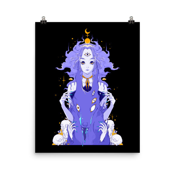 Witchy Wolf,  Matte Art Print Poster featuring an illustrated character with mystical elements on a black background.