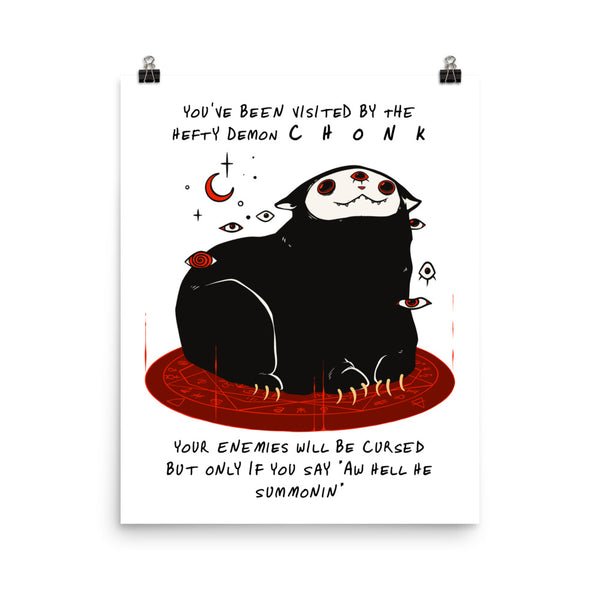 Chonk Cat Demon,  Matte Art Print Poster featuring a cute black cat demon illustration.