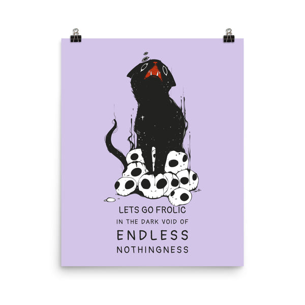 Nothingness, Matte Art Print Poster featuring a black cat on skulls with meme text about frolicking in darkness.