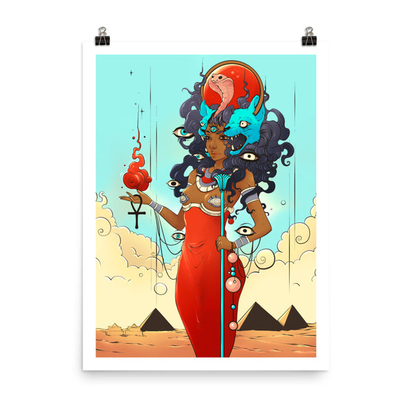 Matte art print of Sekhmet, Egyptian goddess of war, with vibrant colors and desert backdrop, featuring symbolic elements.