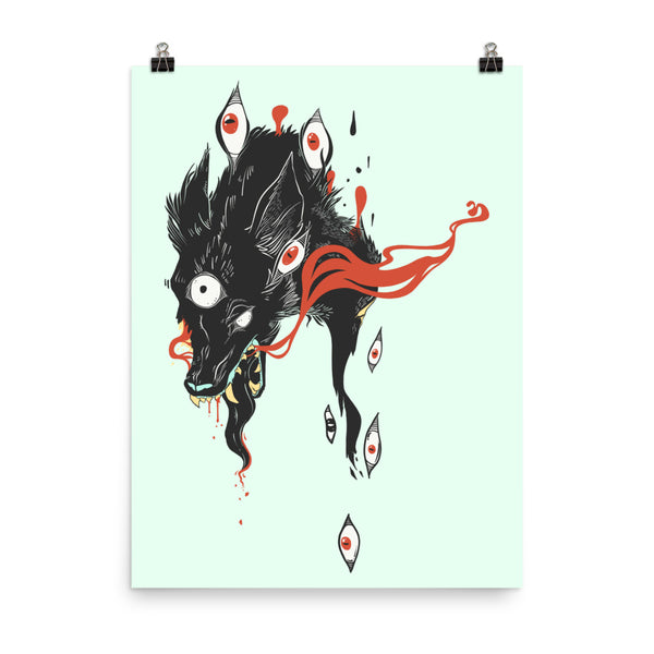 Matte art print of an original wolf illustration featuring expressive eyes and dramatic colors on archival paper.