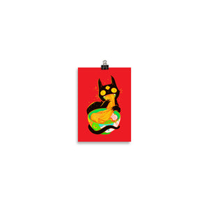 Cute black cat illustration eating ramen noodles on a vibrant red background, matte art print for home decor.