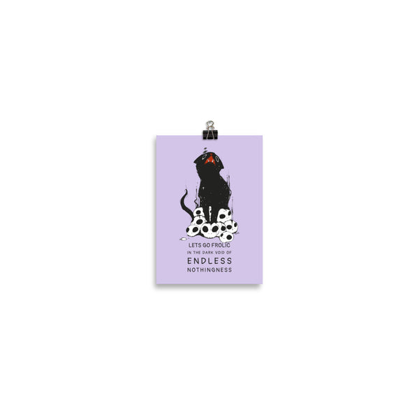 Nothingness, Matte Art Print Poster featuring black cat illustration and text about endless nothingness on lavender background.