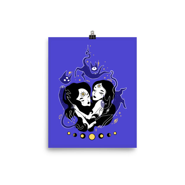 two witches with cats art print poster 8 x 10