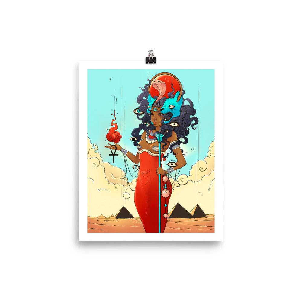 Sekhmet matte art print poster featuring a goddess in red attire with Egyptian pyramids in the background.