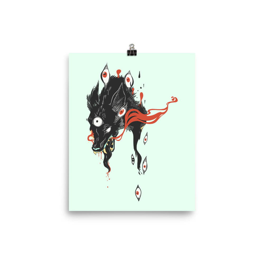 Wolf & Eyes matte art print poster featuring a unique wolf illustration with eyes and vibrant details.