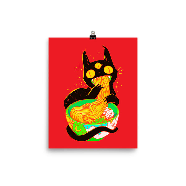 Cute black cat illustration enjoying ramen noodles, vibrant matte art print poster on red background.