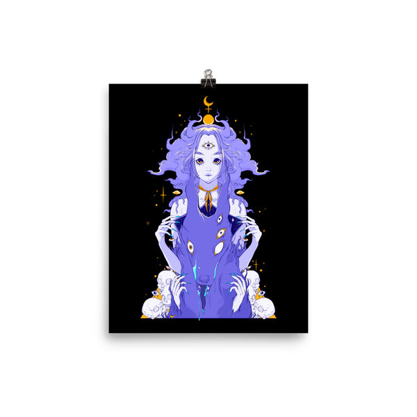 Witchy Wolf,  Matte Art Print Poster featuring a mystical witch illustration with a wolf on a dark background.