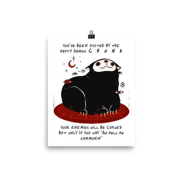 Chonk Cat Demon,  Matte Art Print Poster featuring a cute black cat demon with meme text.