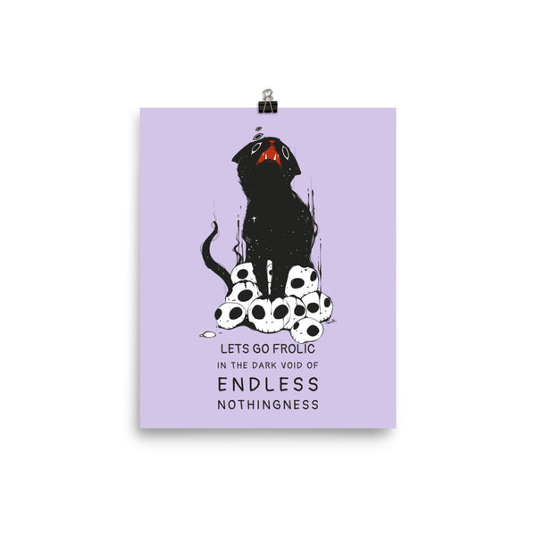 Nothingness, Matte Art Print Poster featuring a black cat illustration with meme text on purple background.