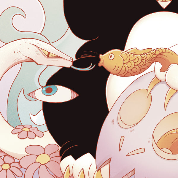 A stylized surreal illustration featuring a black cat silhouette, a gold fish, a pale hand, a blue eye, flowers, and abstract organic shapes in soft pastel tones.