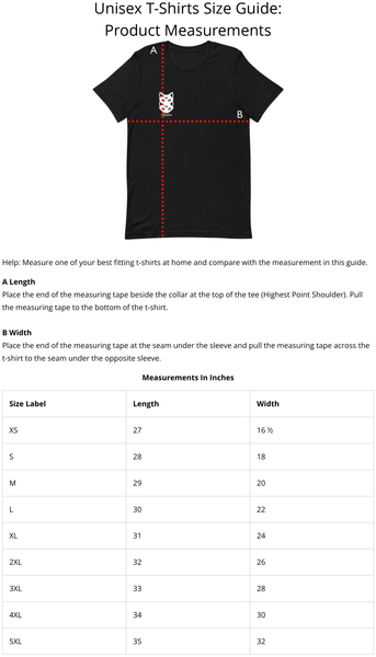 size guide for unisex t-shirts for product measurements