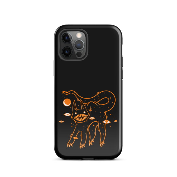 Tough iPhone case featuring an illustration of a black cat with big teeth and celestial elements for protection and style.