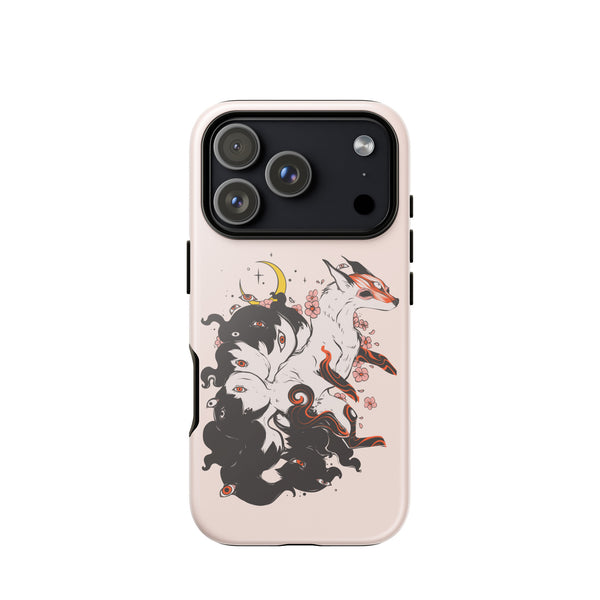 A light pink phone case featuring a detailed fantasy illustration of a black-haired female character with a crescent moon and fox motifs, shown on a plain white background.