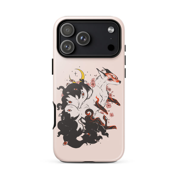 A light pink phone case featuring a detailed graphic of a white fox with red markings and black smoke, set against a clean white background.
