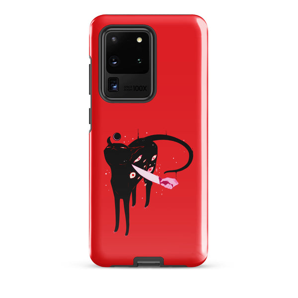Smug Cat, Tough case for Samsung® featuring a black cat illustration on a red background, impact-resistant design.