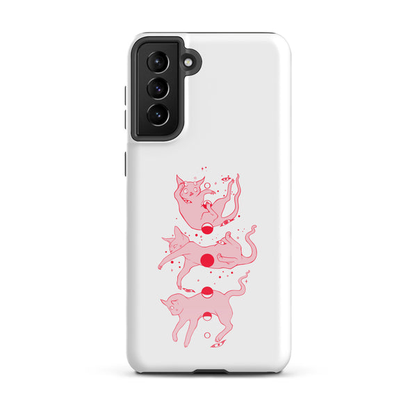 Cat Phases, Tough case for Samsung® featuring a pink cat illustration with moon phases.